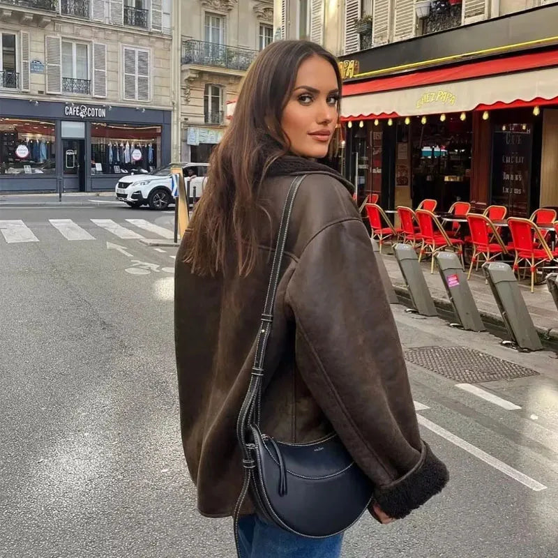 Faux Leather Jacket for Women Plush-Lined Single-Breasted Autumn Winter Warm Coat