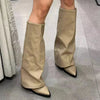 Women's Chunky Knee-High PU Leather Chelsea Boots Pointed Toe Square Heel Platform Winter Boots
