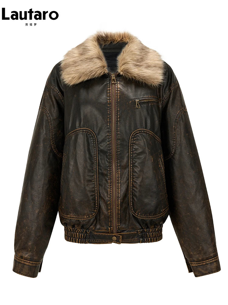 Vintage Distressed Brown PU Faux Leather Jacket with Faux Fur Collar – Women's Zipper Moto Coat