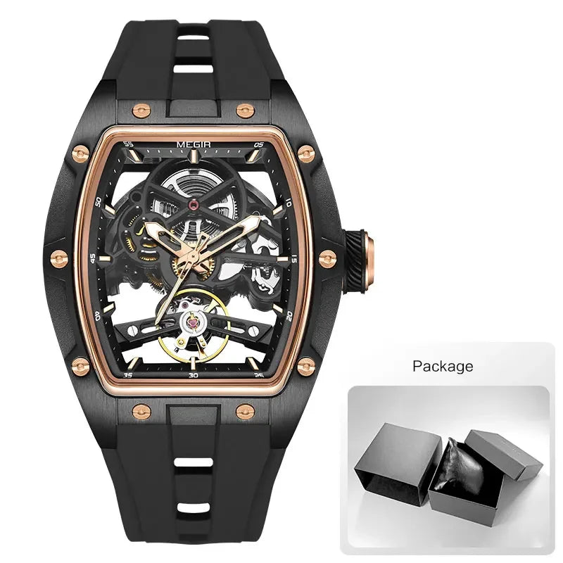 MEGIR Automatic Mechanical Men's Skeleton Watch 40-44mm (1.57-1.73 in) Stainless Steel Tonneau Case Silicone Strap 3ATM Water Resistant