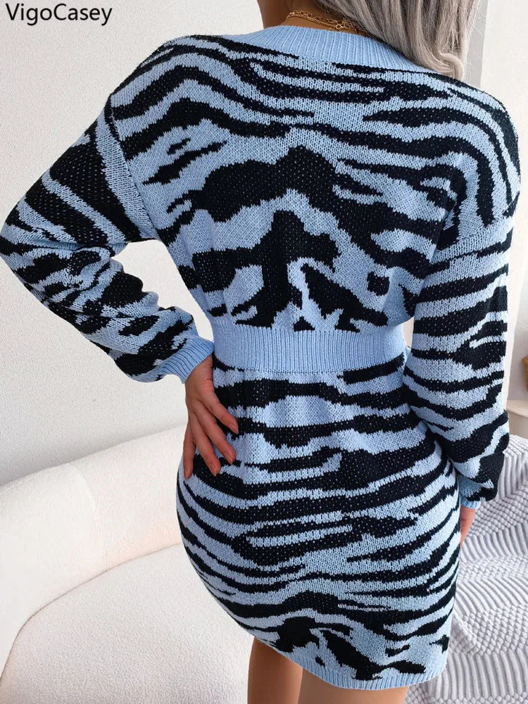 VigoCasey V-Neck Knit Mini Dress for Women – Long Sleeve Autumn/Winter Slim Fit