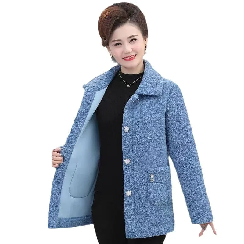 Thick Faux Sheepskin Fleece-Lined Leather Coat — Loose Fit Jacket for Middle-Aged & Mature Women, Autumn/Winter