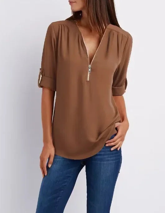 Women's Loose V-Neck Chiffon Blouse with Zipper Pullover — Casual Plus Size