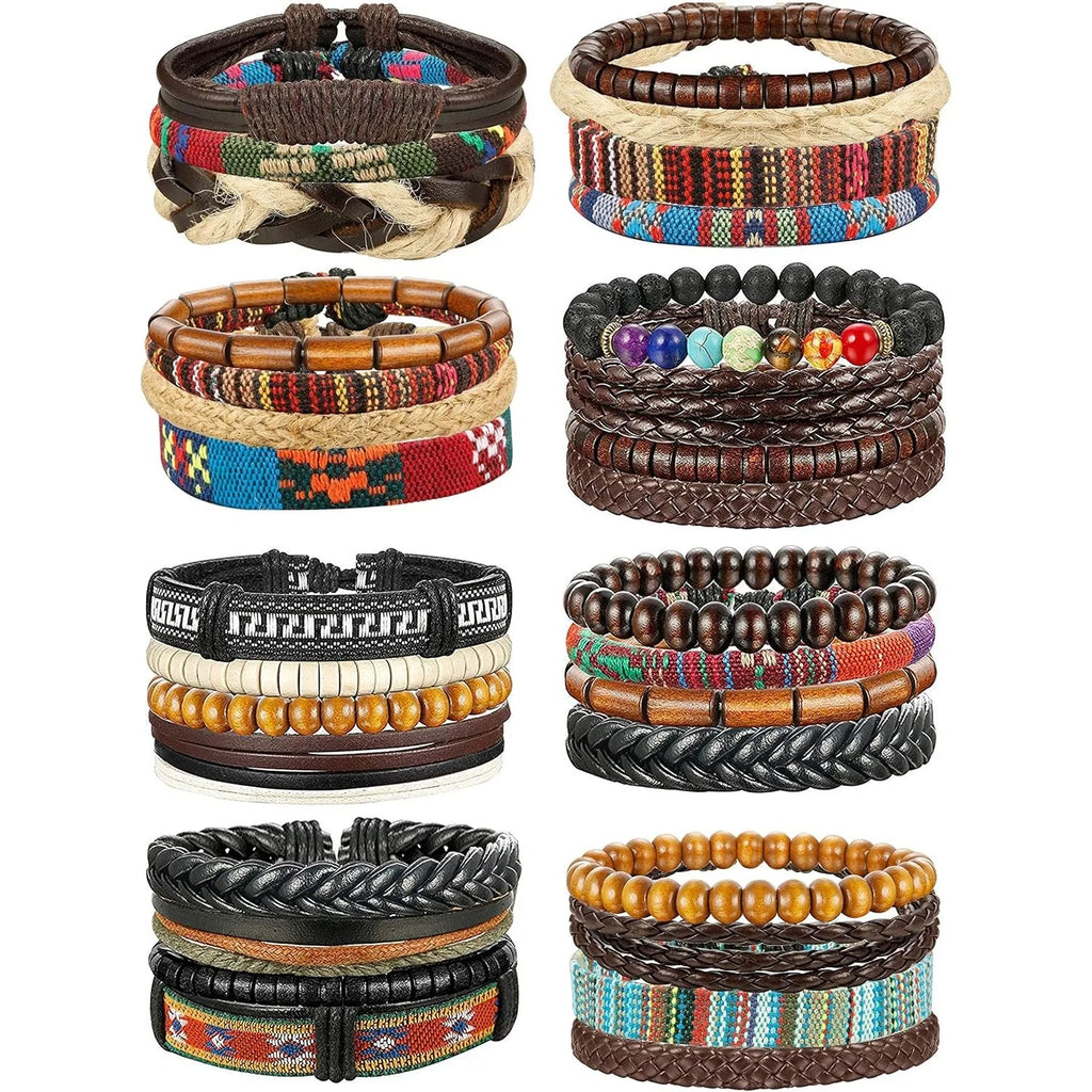 31-Piece Braided Leather & Hemp Bracelet Set for Men & Women - Wooden Bead Tribal Punk Multilayer Wristbands