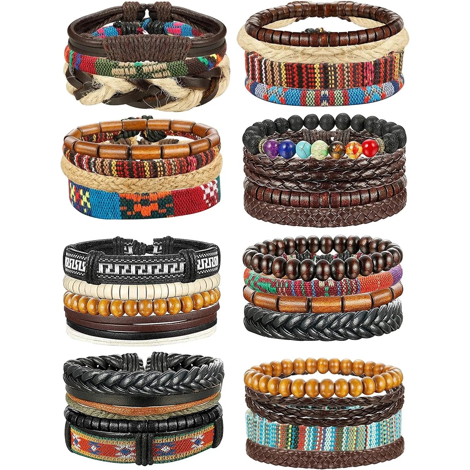 31-Piece Braided Leather & Hemp Bracelet Set for Men & Women - Wooden Bead Tribal Punk Multilayer Wristbands