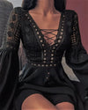 Chiffon Lace Ruffle Patchwork A-Line Mini Dress V-Neck Long Sleeve Slim Fit (White, Black, Red)