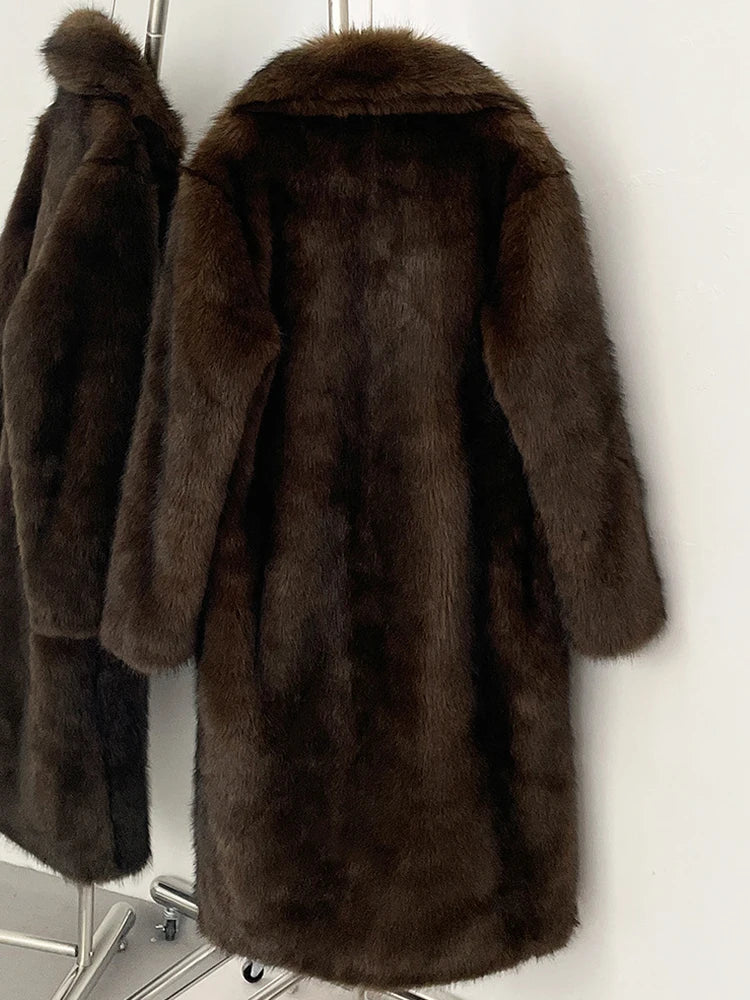 Women's Faux Fur Long Coat – Khaki Warm Fluffy Overcoat, Double-Faced Fur