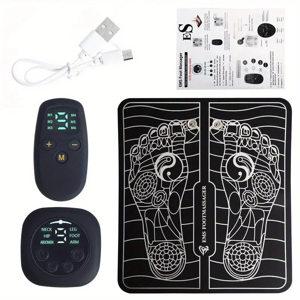 USB Rechargeable EMS Foot Massager Pad — Foldable Portable, 6 Modes & 9-Level Intensity for Foot Therapy