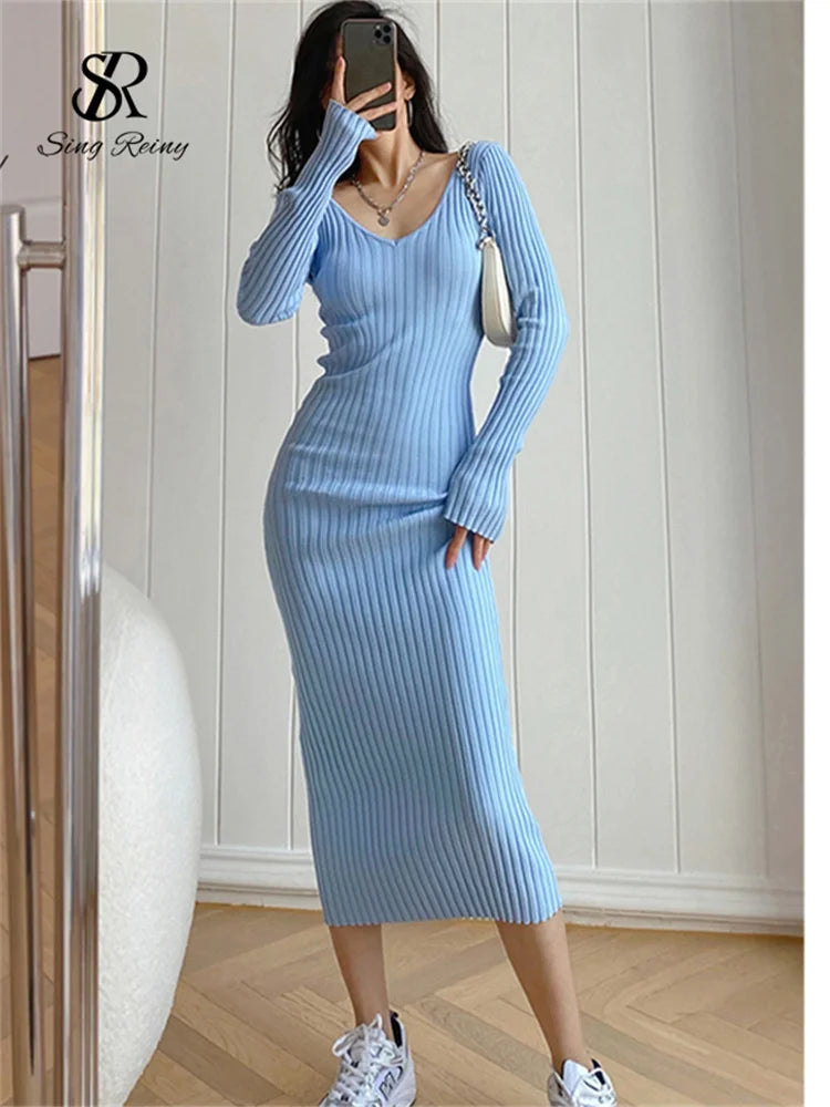 SINGRAIN Women's Autumn Winter V-Neck Long Knit Sweater Dress Slim Stretch Mid-Calf Bodycon