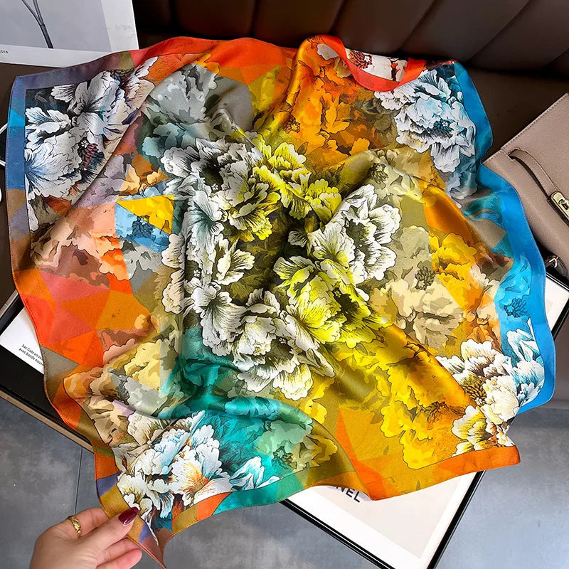 70 x 70 cm (27.6 x 27.6 in) Floral Satin-Look Polyester Square Scarf - Women's Headscarf, Hijab, Hair Band & Wrist Wrap