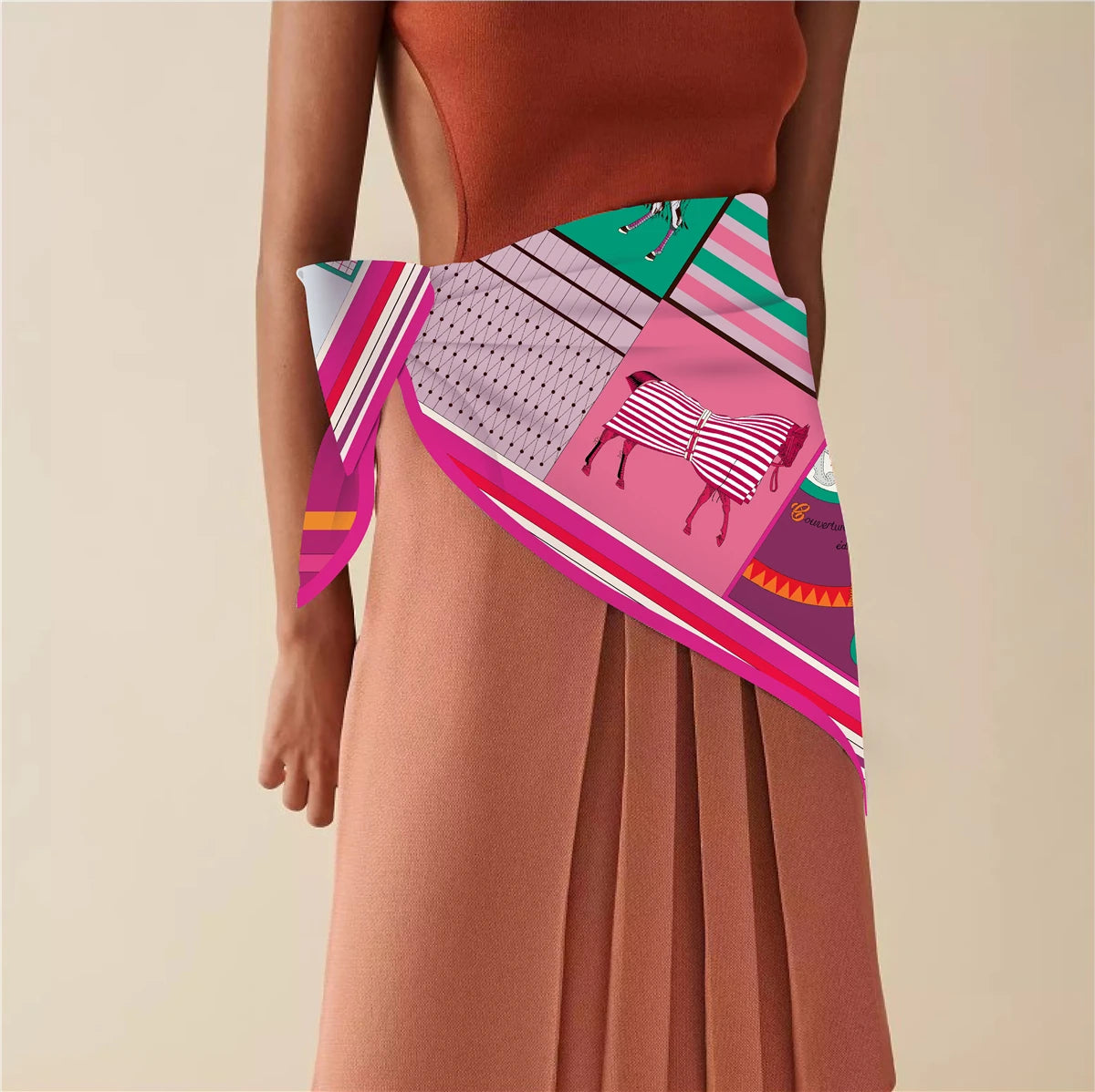 90 x 90 cm (35 in) Checkered Horse Print Twill Silk Square Scarf, Women's Luxury Bandana Shawl Hijab Neckerchief