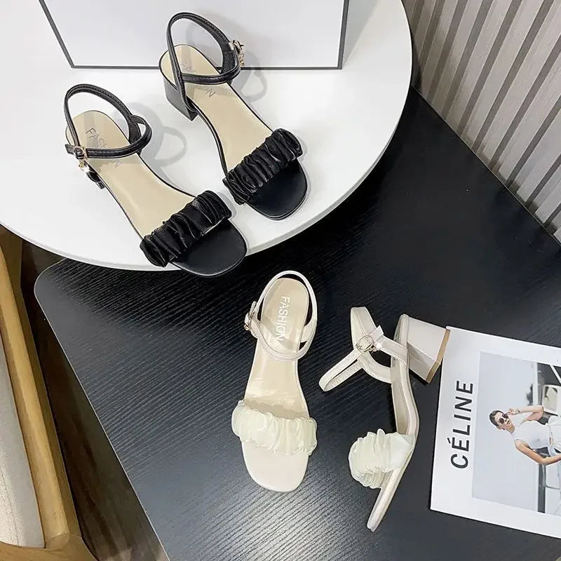 French Style Women's Crystal Mesh High-Heeled Sandals, Lightweight Soft Square Thick Heel