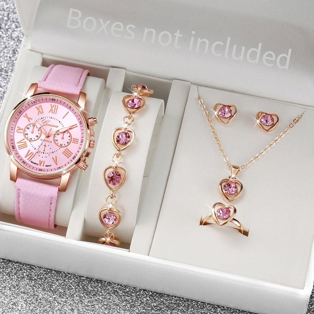 5/6-Piece Women's Quartz Leather Strap Watch Set with Heart Rhinestone Charm - Analog Fashion Wristwatches (Box Not Included)