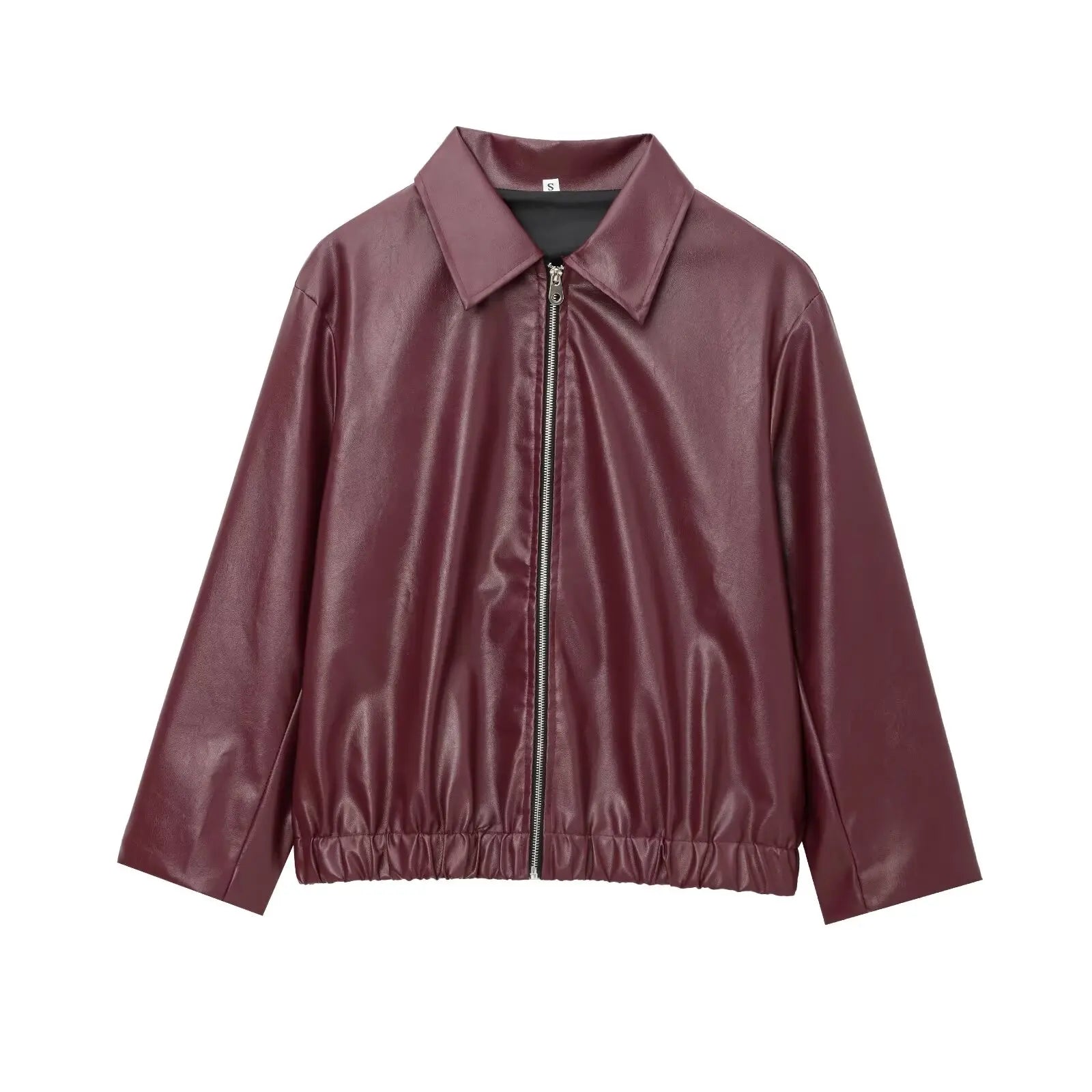 HH Wine Red Faux Leather Jacket for Women – PU Lapel Zipper Coat, Vintage Streetwear Autumn/Winter
