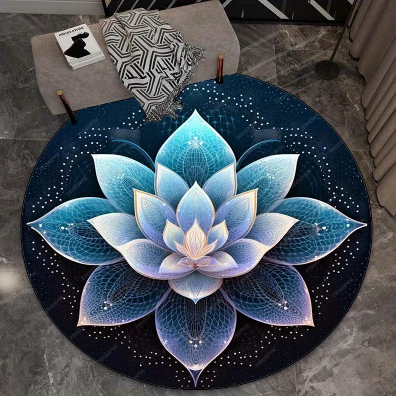 Blue Lotus Round Velvet Crystal Rug - Yoga & Meditation Mat, Non-Slip Flannel Floor Decor