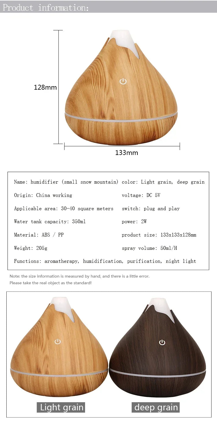 350ml (11.8 oz) Wood Grain Ultrasonic Essential Oil Diffuser & Humidifier, USB, Remote Control, 7-Color LED