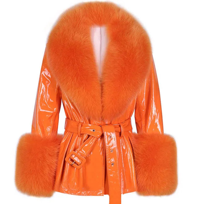 YOLOAgain Women's Genuine Sheepskin Leather Jacket with Real Fox Fur Detachable Collar & Sleeves - Belted Pockets, Autumn/Winter