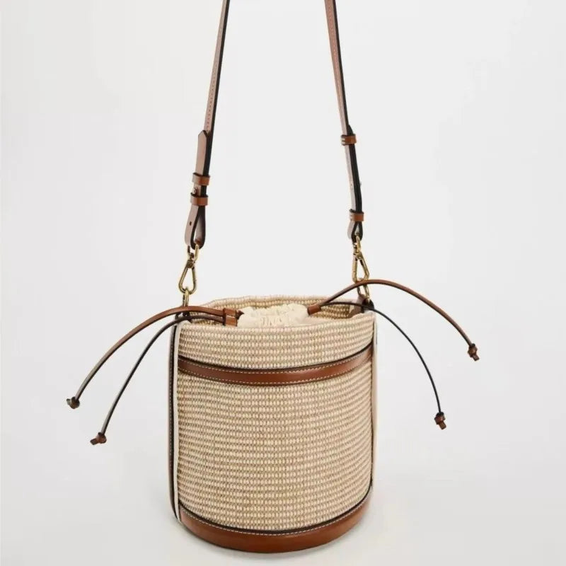 Small Woven Drawstring Bucket Bag for Women - Retro Stitching Shoulder & Crossbody Bag