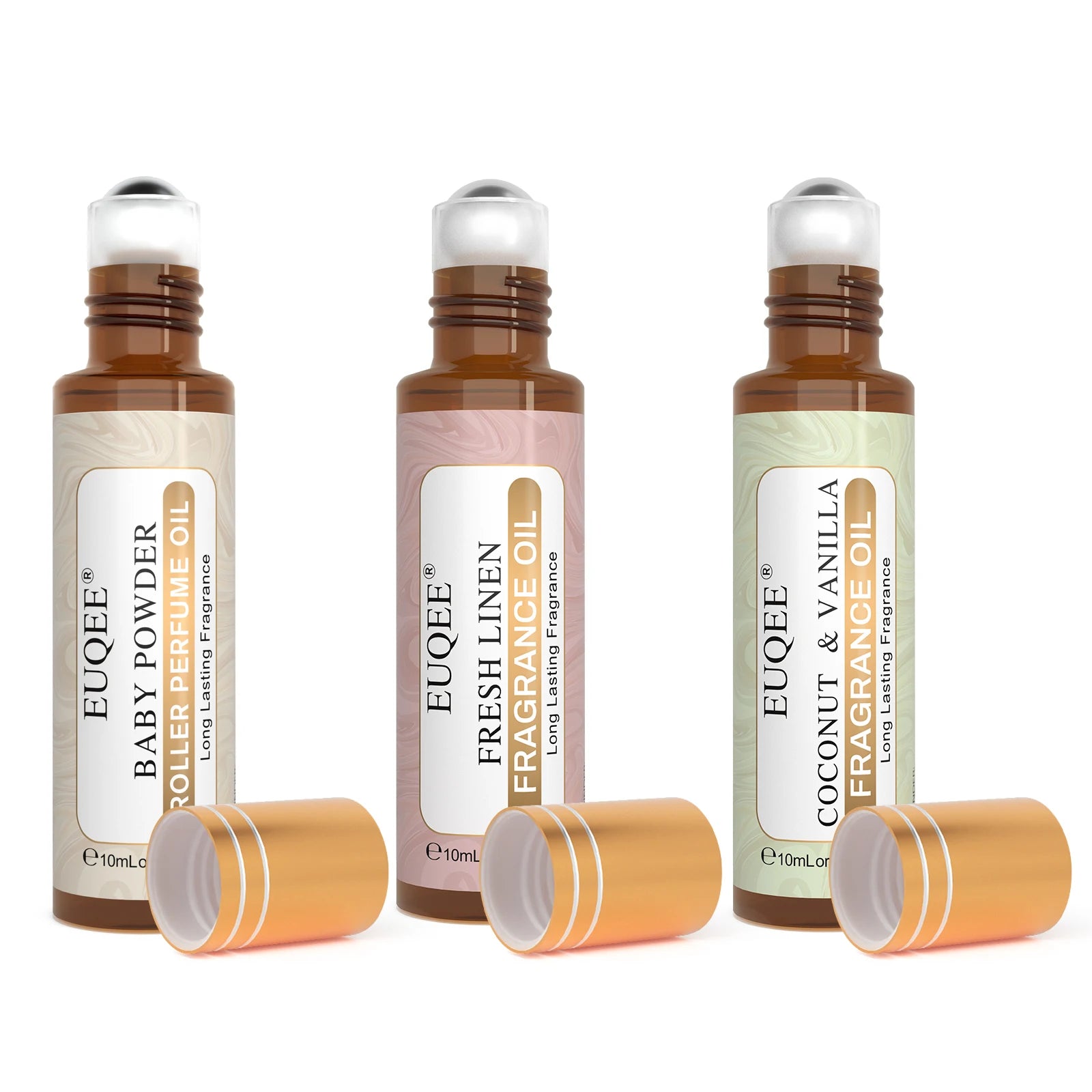 EUQEE 10ml Roll-On Fragrance Oil for Women - Portable Roller Perfume in Coconut Vanilla, Bubble Gum, Midnight Rose (Amber Glass)