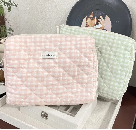 Large Capacity Women's Cosmetic Pouch Pink Plaid Canvas Travel Makeup Bag and Clutch
