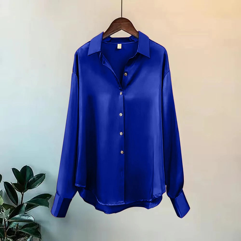 Women's Satin Button-Front Blouse — Korean Long Sleeve Casual Office Top, Slim Fit