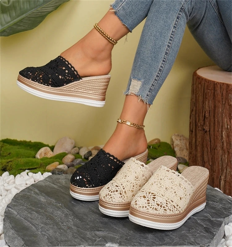 HAJINK Women's Lace Wedge Sandals – Breathable Summer Slide Heels, 5–8 cm (2–3 in) Heel, 3–5 cm (1.2–2 in) Platform