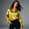 Korean Slim Satin Blouse for Women, Office Casual Long Button Shirt Solid Multicolor