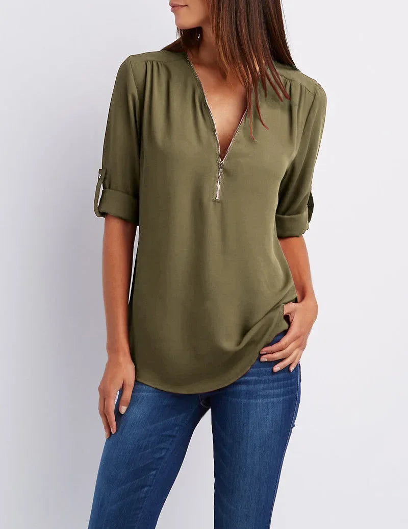 Women's Loose V-Neck Chiffon Blouse with Zipper Pullover — Casual Plus Size
