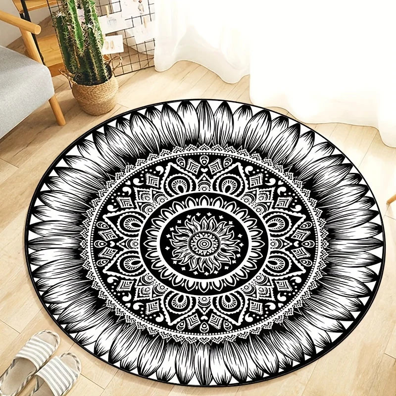Black White Mandala Round Rug Crystal Velvet Boho Floor Mat for Living Room, Yoga & Meditation – Non-Slip, Multiple Sizes 40–180 cm (16–71 in)