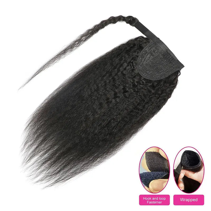Kinky Straight Wrap-Around Clip-In Ponytail Extensions — 8–24 in (20–60 cm) Afro Kinky Brazilian Remy Human Hair