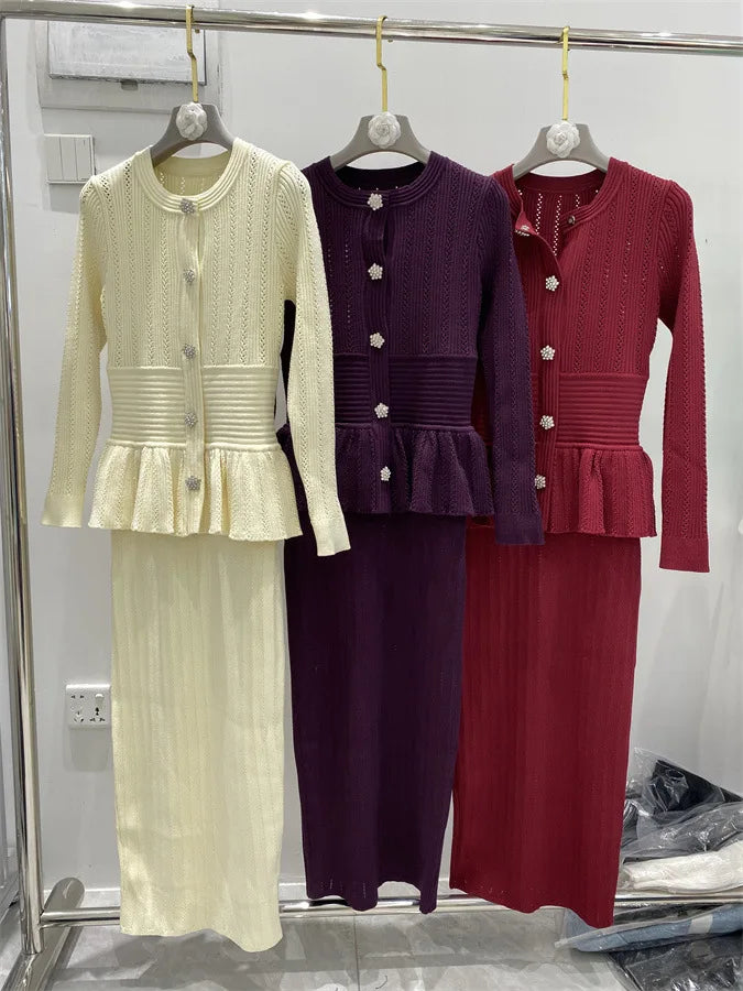 Hollow-Out Knitted Midi Sweater Dress with Ruffled Flare Sleeves – Purple Patchwork Floral