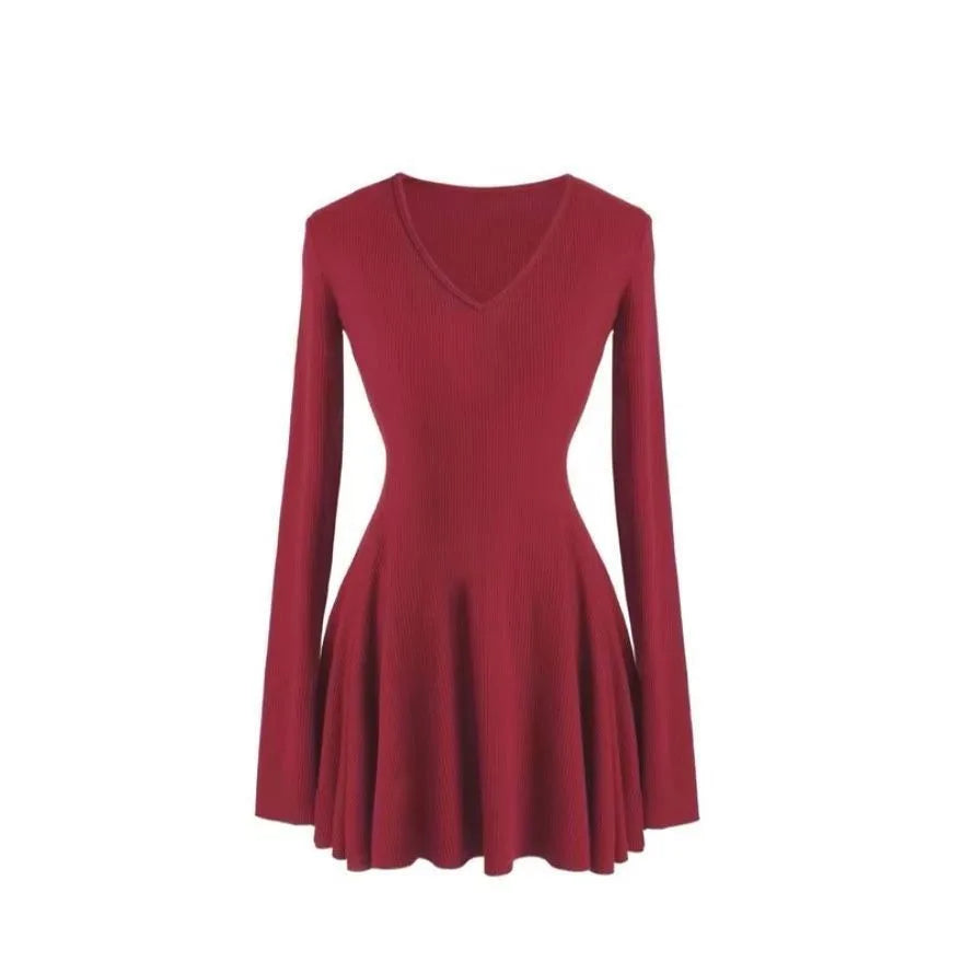 French V-Neck Ribbed Knit A-Line Mini Dress - Long Sleeve Autumn Winter Waist-Defining