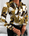 Women's Long Sleeve Turn-Down Collar Blouse - Square Print (Chain, Floral, Letter, Geometric)