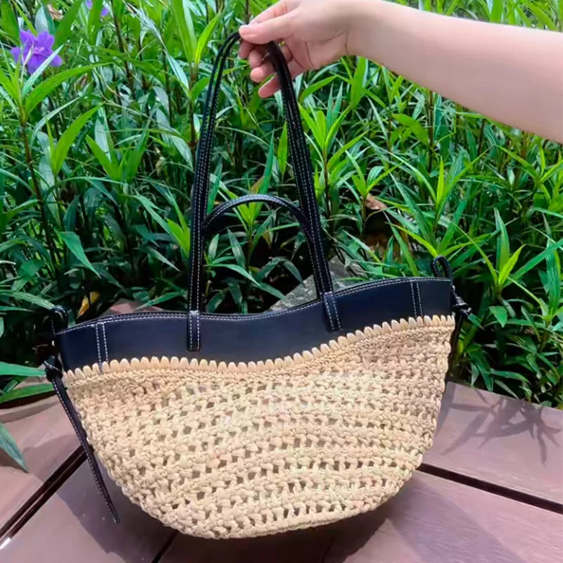 Women 2-in-1 Woven Straw Shoulder Bag – Adjustable Strap Large Capacity Dumpling Beach Bucket Bag