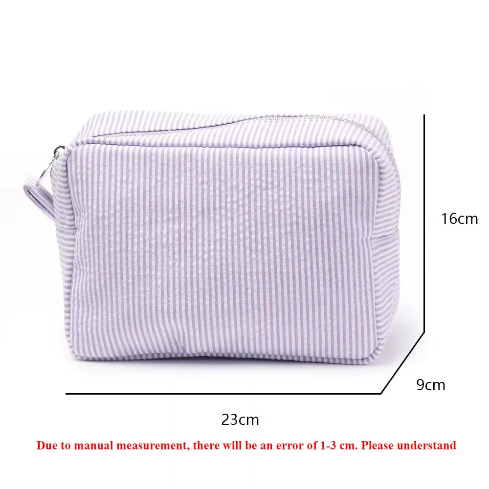 Seersucker Ruffle Makeup Bag — Pink & Purple Striped Zipper Pouch for Travel & Toiletries