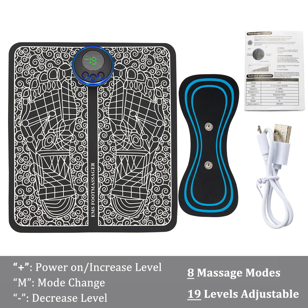 EMS TENS Foot Massager Mat – Foldable Electric Foot Pad, 19 Intensity Levels & 8 Modes for Muscle Stimulation