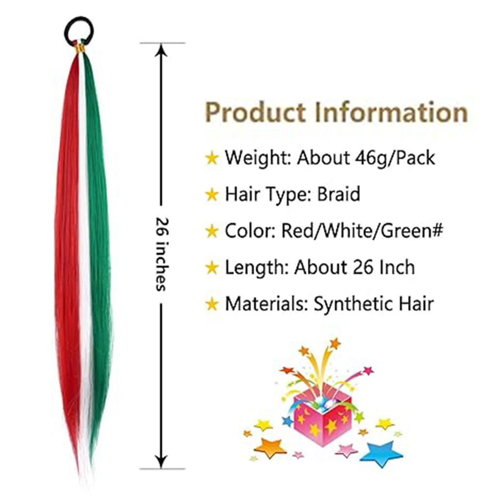 Christmas Color Braid Ponytail Extension with Elastic Tie - Straight Sleek Tube Wrap, Heat-Resistant Synthetic Hair