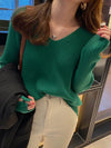 Long Sleeve V-Neck Button Knit Pullover Sweater for Women — Autumn/Winter Loose Fit Solid Jersey Top