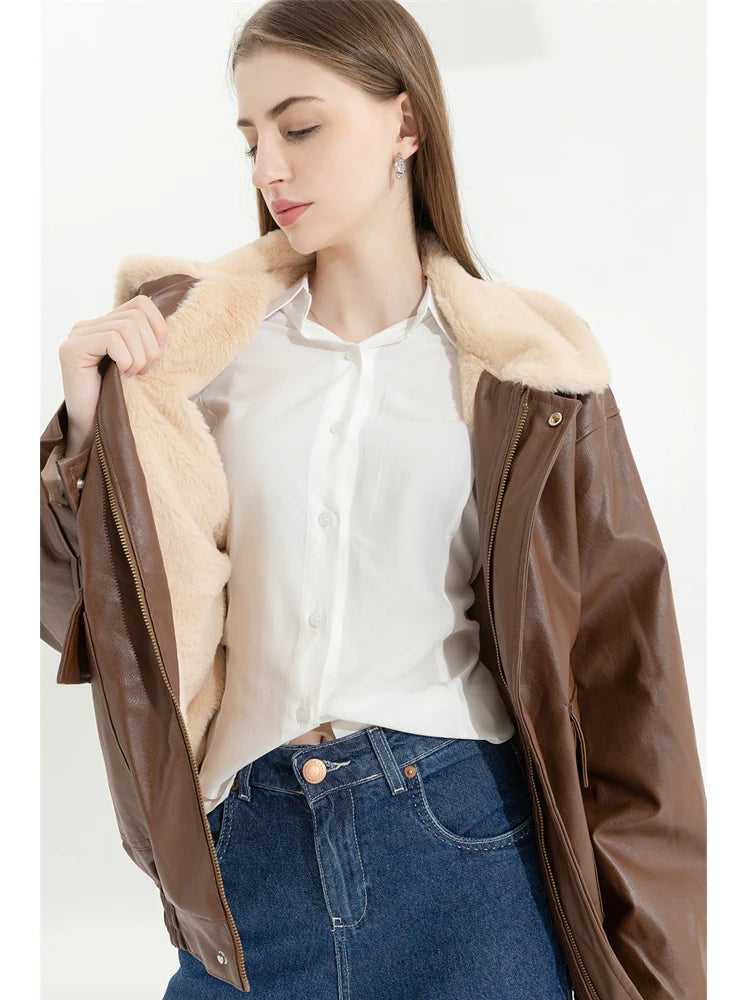 Women's Faux Leather Fur-Lined Motorcycle Jacket — Lamb Wool Lined PU Lapel Coat, Long Sleeve Loose Vintage Warm Jacket
