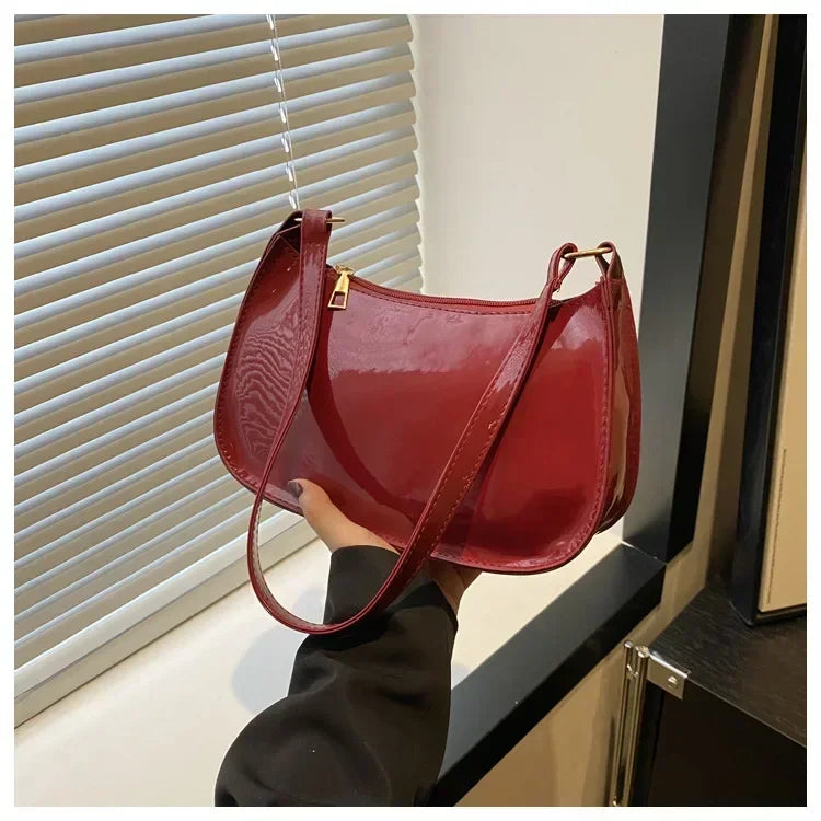 Women's Patent PU Leather Shoulder Bag - Korean Style Hobo Zipper Handbag for Everyday Commuting