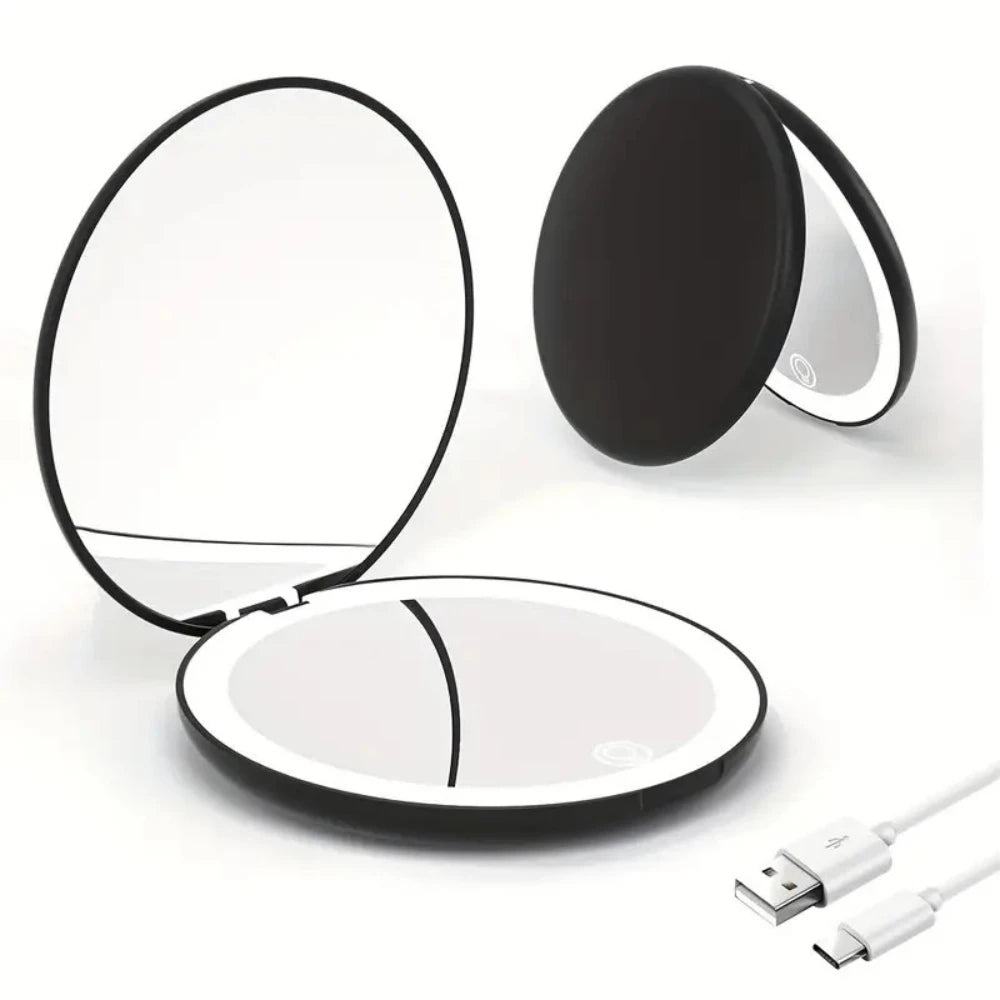 LED Lighted Travel Makeup Mirror – Double-Sided 2x/5x Magnification, Foldable USB Rechargeable Compact Handheld Mirror