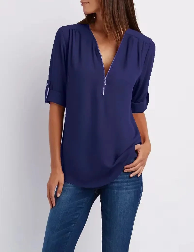 Women's Loose V-Neck Chiffon Blouse with Zipper Pullover — Casual Plus Size