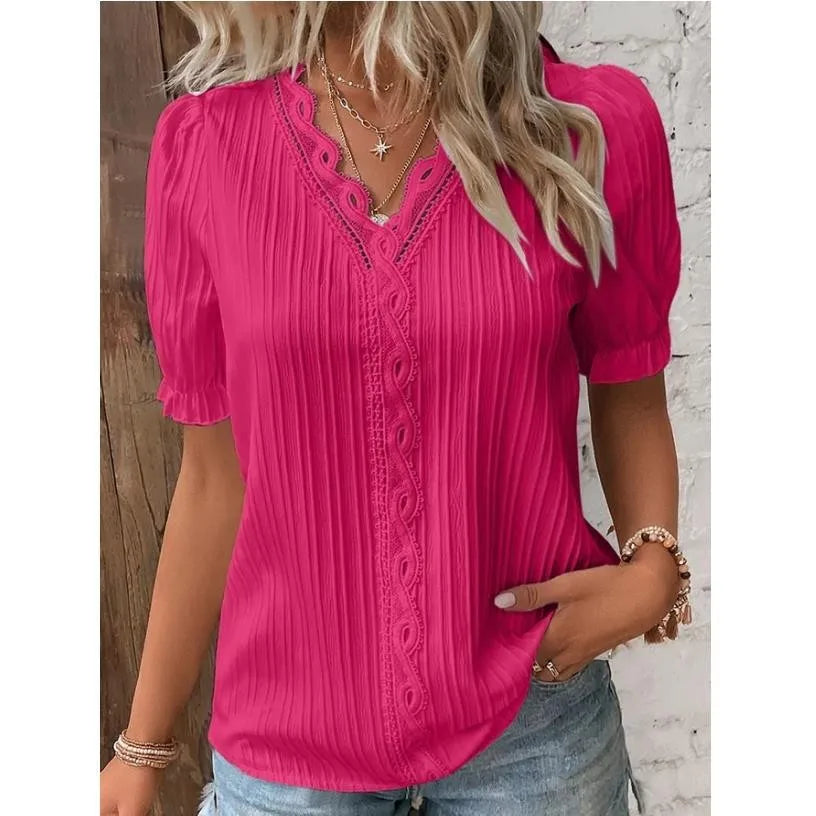 Women's Summer V-Neck Hollow Short Sleeve Top - Chiffon Splice Loose Plus Size Blouse