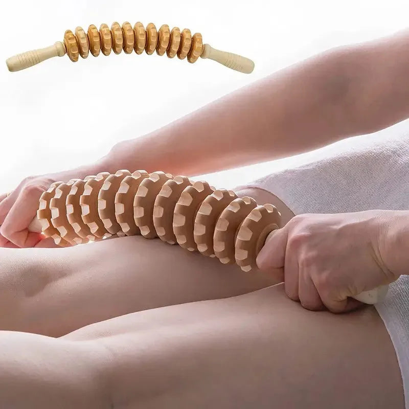 9-Roller Wooden Fascia Massager – Handheld Anti-Slip Muscle Roller for Back, Legs, Thighs & Buttocks