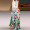 Vintage Print Boho Maxi Dress – Sleeveless V-Neck A-Line Beach Sundress with Pockets