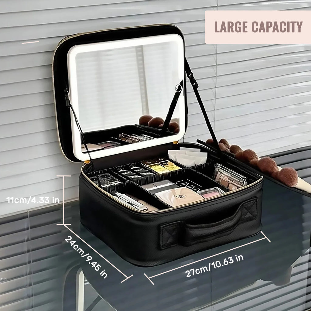 Travel Makeup Train Case with LED Lighted Mirror & Adjustable Dividers — Large Cosmetic Organizer
