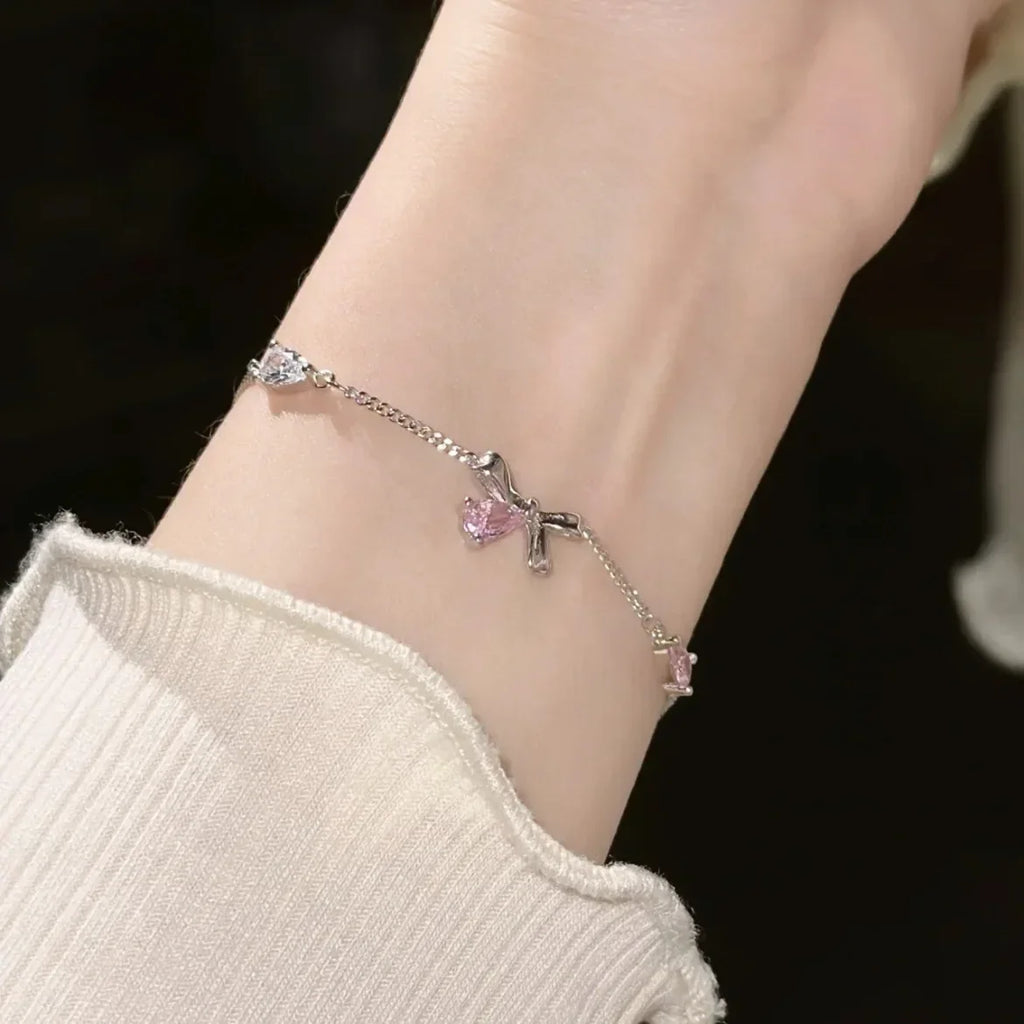 Pink Cherry Blossom Crystal Bracelet for Women & Girls – Bowknot Zircon Dainty Link Chain