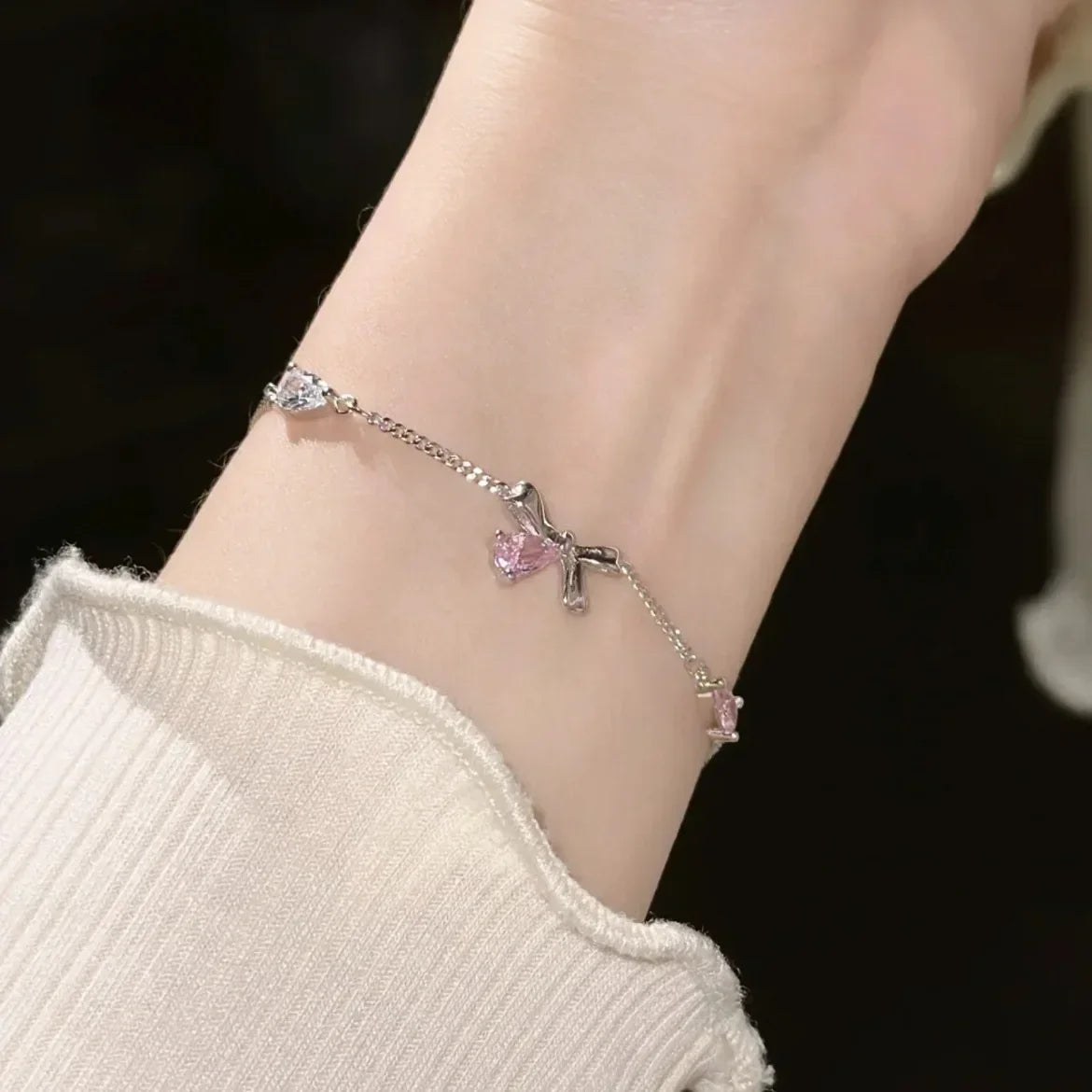 Pink Cherry Blossom Crystal Bracelet for Women & Girls – Bowknot Zircon Dainty Link Chain