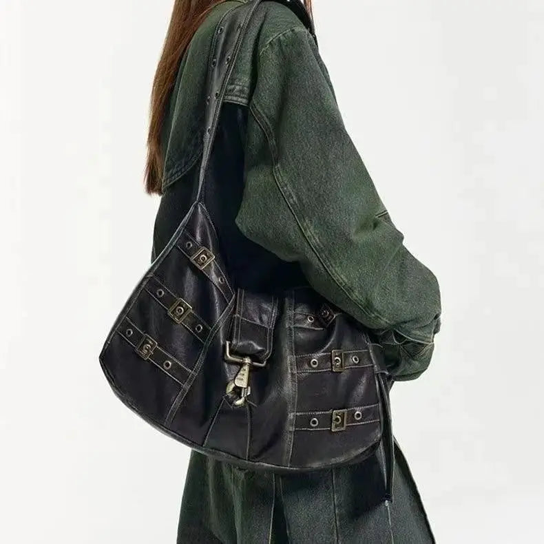 Retro Punk Distressed Leather-Look Tote Bag for Women - Large Capacity Harajuku Shoulder Bag