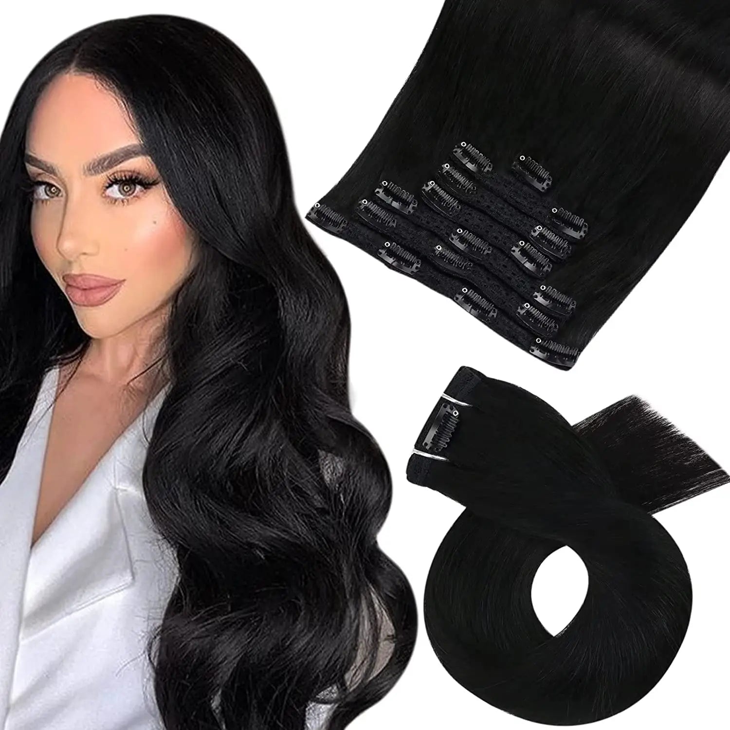 Moresoo Brazilian Remy Clip-In Human Hair Extensions – Straight 5PC or 7PC Set, 10–24 in (25–61 cm)